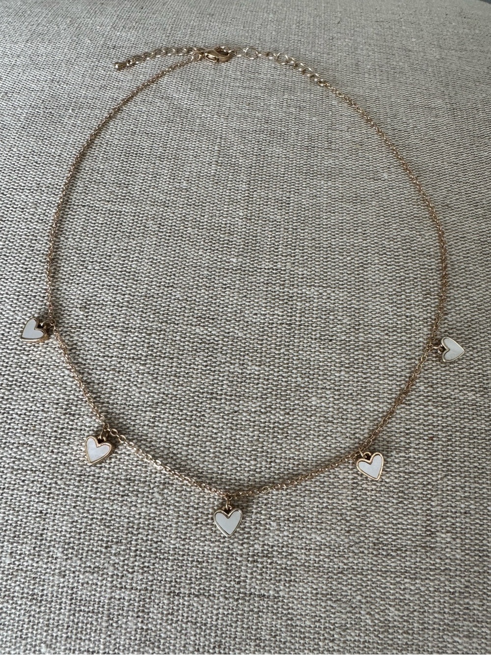 Gold Tone White Heart Charm Choker Necklace